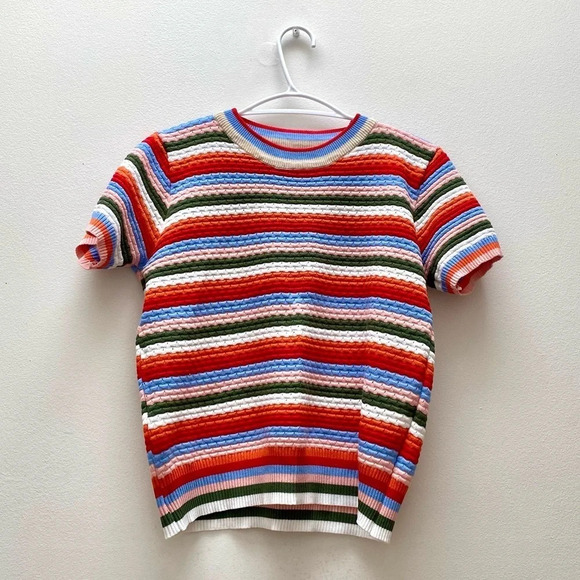 Vintage Sweaters - Vintage - Retro Rainbow Striped 70s Short Sleeve Top